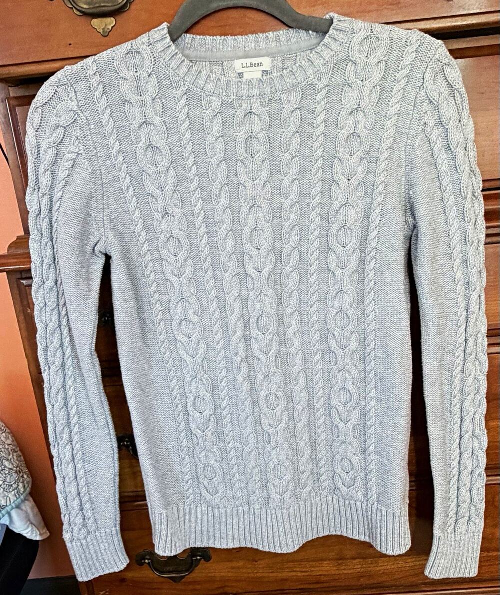 L.L.Bean Women Cable Knit Pullover Sweater Gray Crew Neck XS Cabincore Preppy